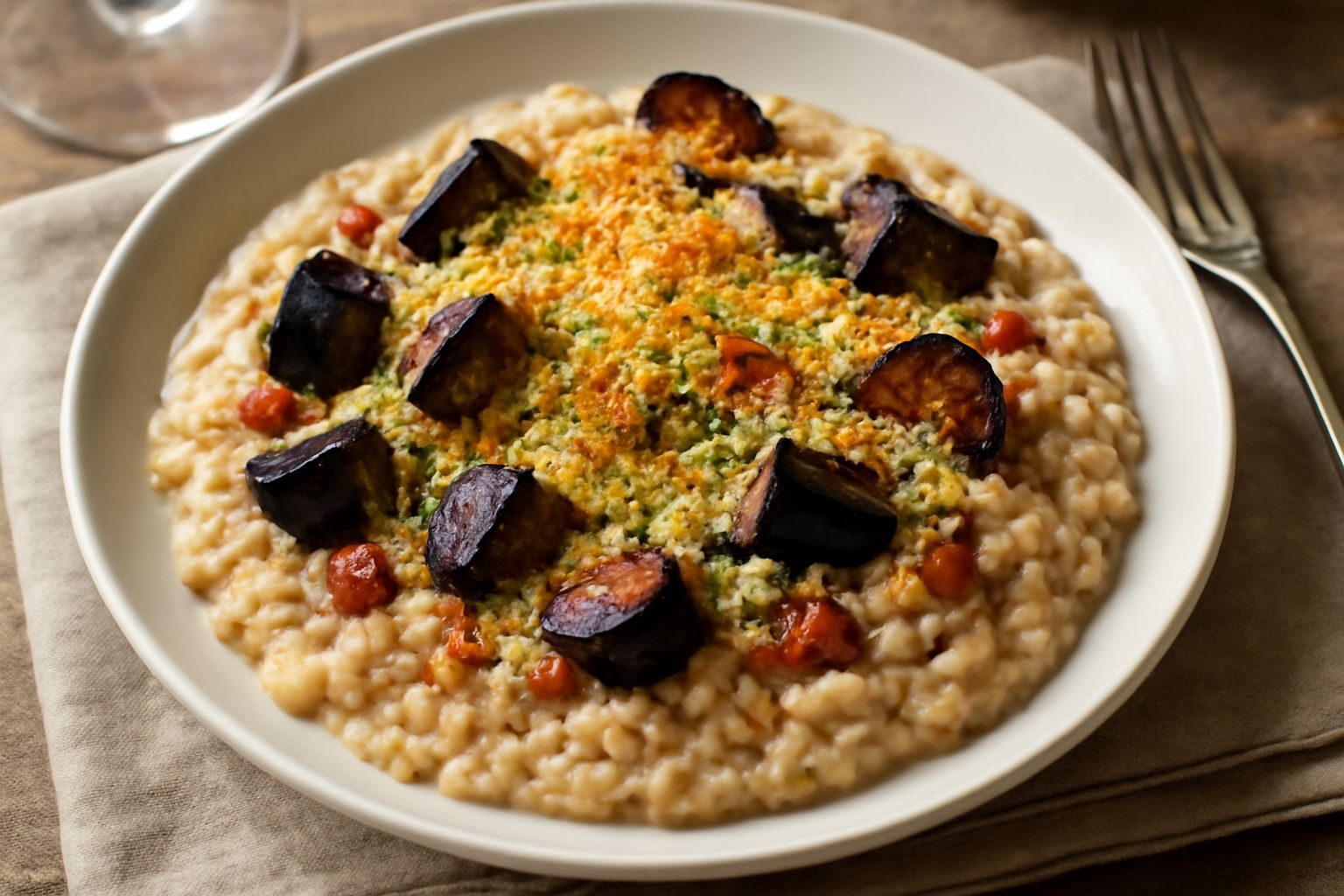 Risotto alla siciliana cremoso in piatto bianco, con melanzane fritte dorate, ragù rosso scuro sparso, granelli verdi di pistacchio tritato, filamenti di caciocavallo grattugiato, contorno di basilico