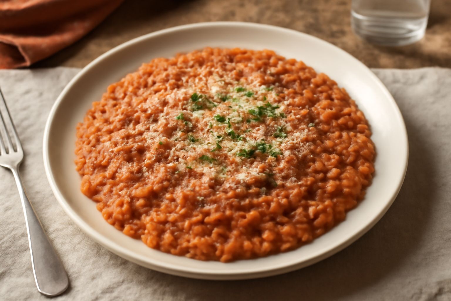 Risotto cremoso di colore rosso arancio, condito con ragù di carne, servito in un piatto bianco fondo con cucchiaio di legno, guarnito con parmigiano grattugiato e prezzemolo verde fresco