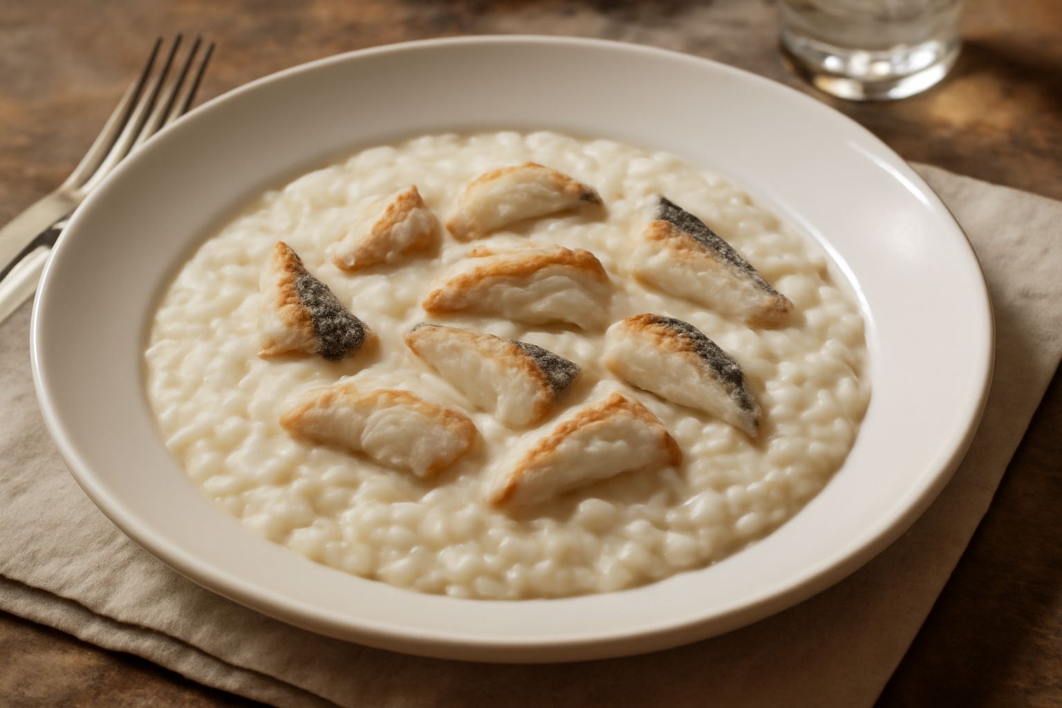 Risotto cremoso bianco e avorio con filetti di tinca disossati in superficie, guarnito con prezzemolo fresco tritato e un filo di olio, servito in piatto fondo bianco