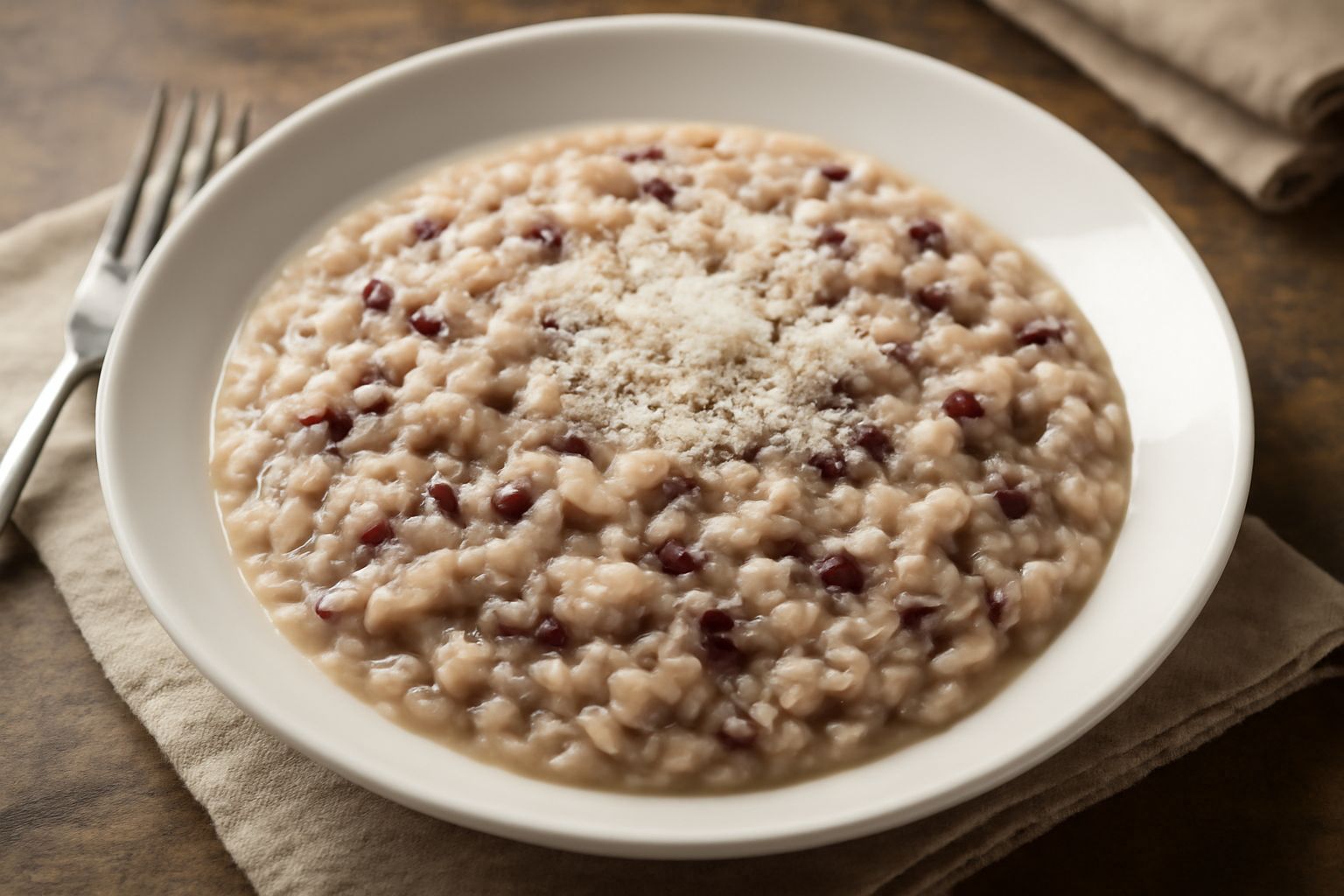 Piatto di risotto alla trevigiana con chicchi di riso cremosi color avorio, pezzetti di radicchio rosso scuro distribuiti uniformemente, melata di burro in superficie, guarnito con parmigiano grattugi