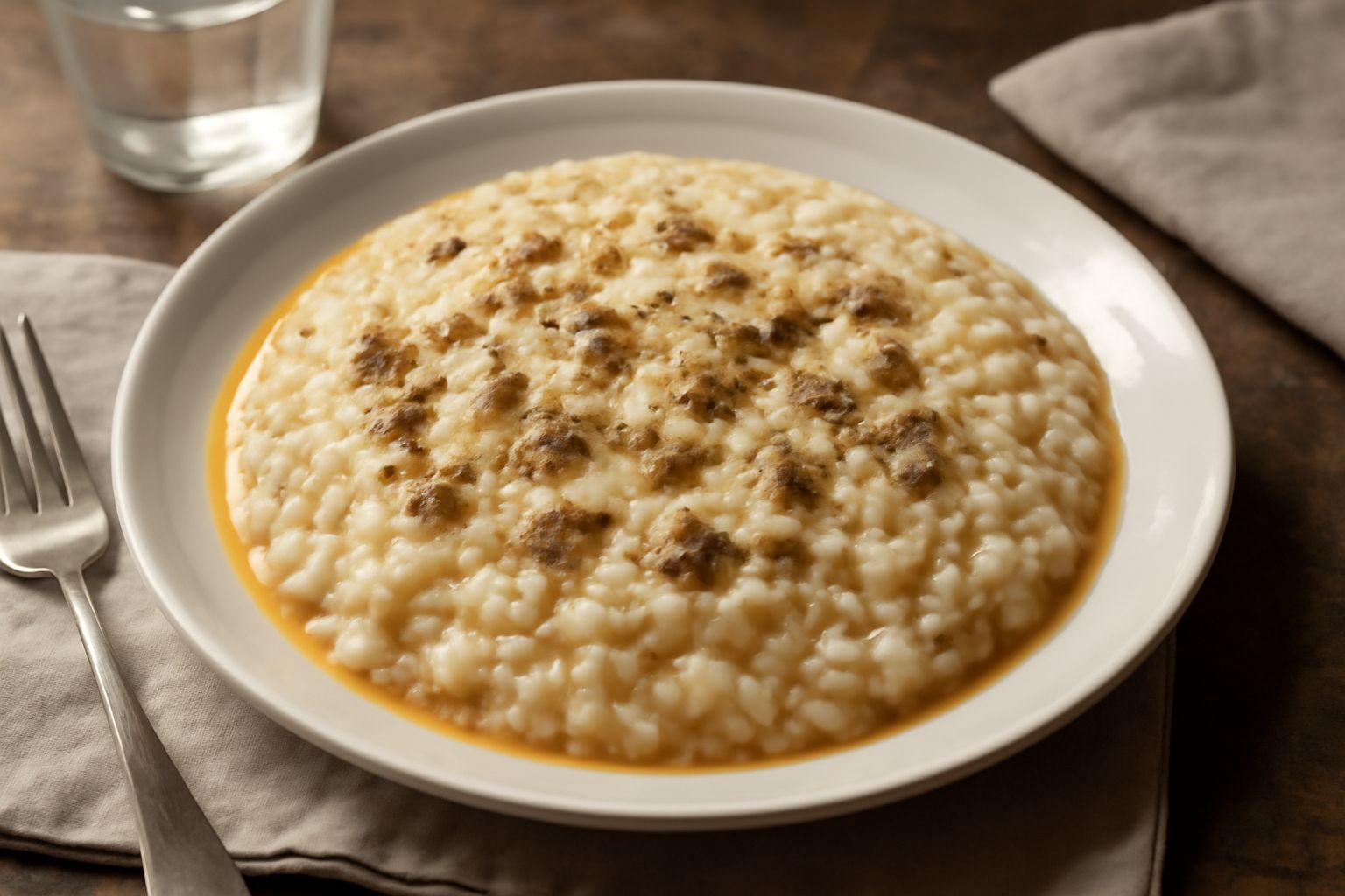 Risotto alla triestina servito in piatto fondo bianco, riso cremoso color avorio con ragù di carne marrone scuro, pezzi di carne visibili, superficie ondulata, grattugia di formaggio parmigiano in cim