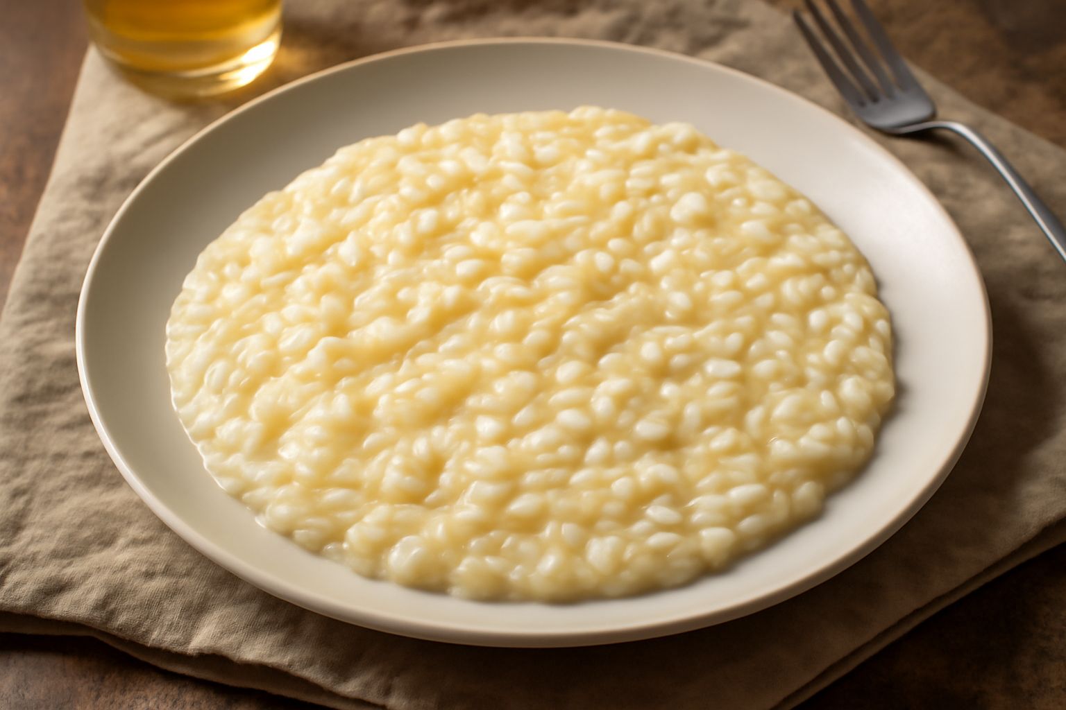 Risotto alla vialone nano in piatto bianco fondo, colore bianco crema con chicchi di riso visibili e ben separati, mantecatura lucida, guarnito con parmigiano grattato e prezzemolo fresco, cucchiaio d