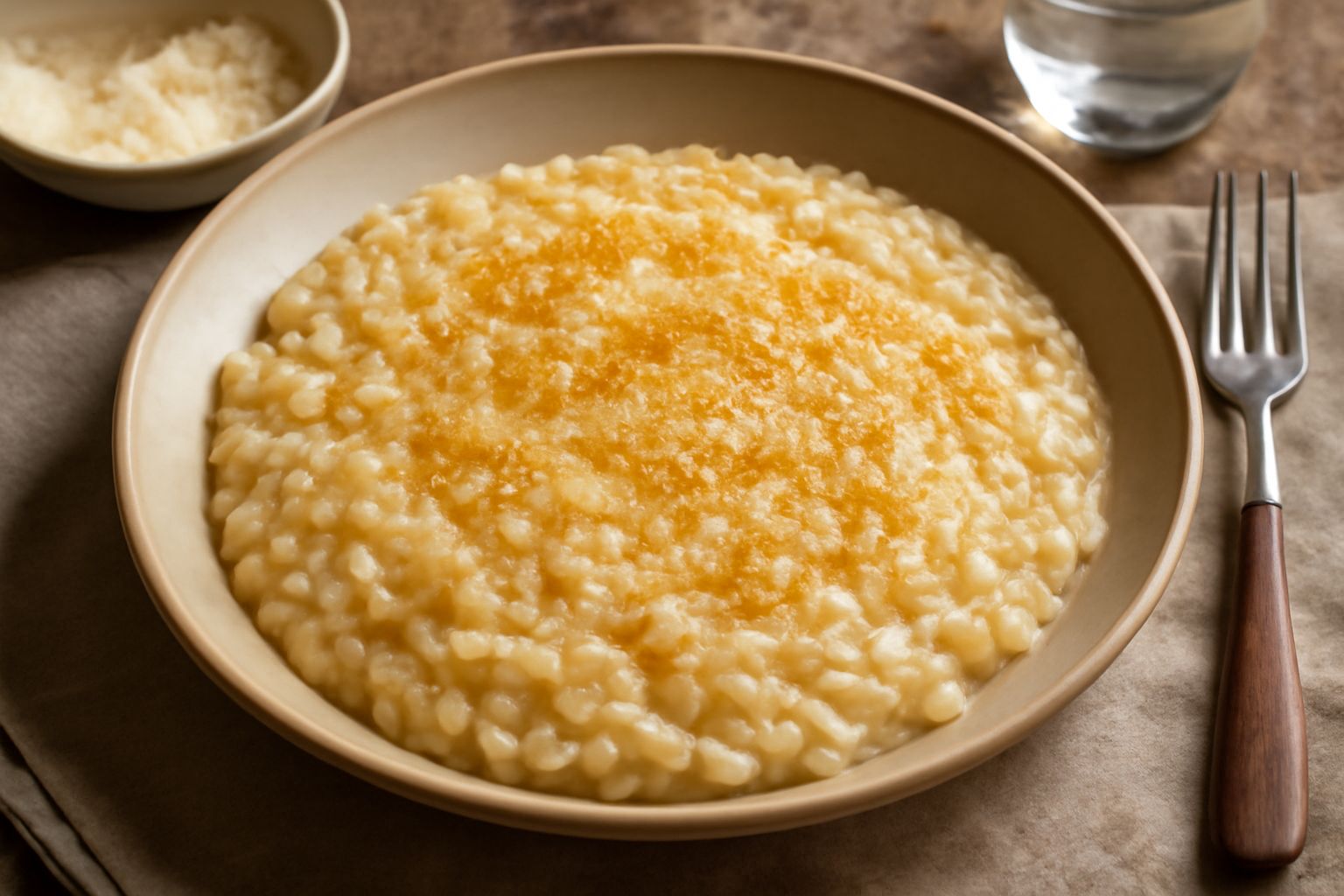 Piatto di risotto alla vicentina con chicchi di riso cremosi di colore bianco avorio, manteche di burro che scintillano in superficie, cospargimento di parmigiano grattugiato fine, servito in ciotola 
