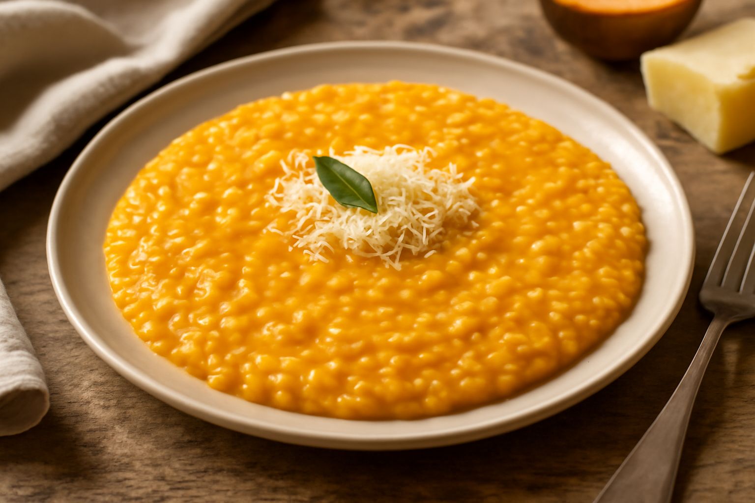 Piatto di risotto alla zucca di colore giallo-arancio cremoso, con chicchi di riso ben distinti, guarnito con una noce di burro in cima, parmigiano grattugiato e una fogliolina di salvia fresca su fon