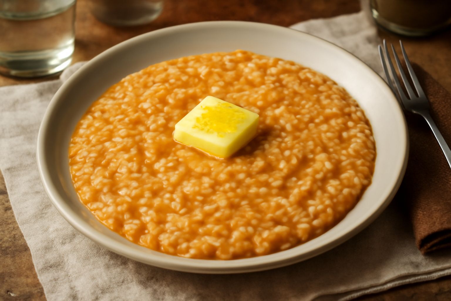 Un piatto fondo con risotto all'aglione di colore beige cremoso, granelli di riso visibili e brillanti, una generosa noce di burro al centro che si scioglie, guarnito con prezzemolo verde fresco trita