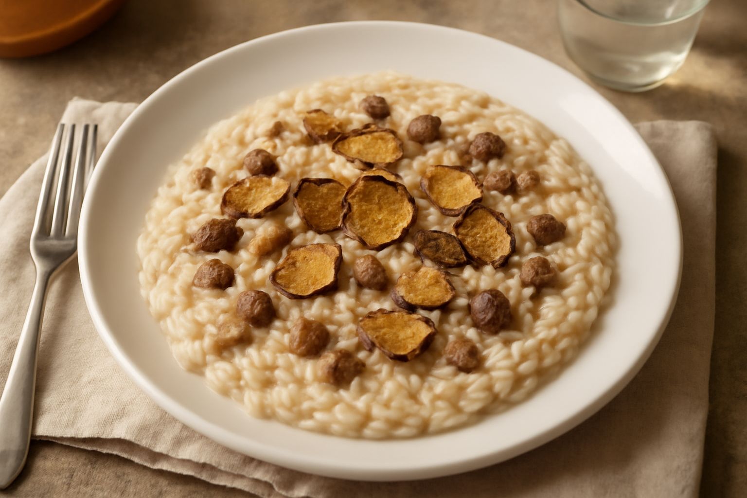 Piatto di risotto color avorio con venature dorate di tartufo, fegatini scuri sparsi in superficie, mantecato con burro, servito in un piatto fondo bianco