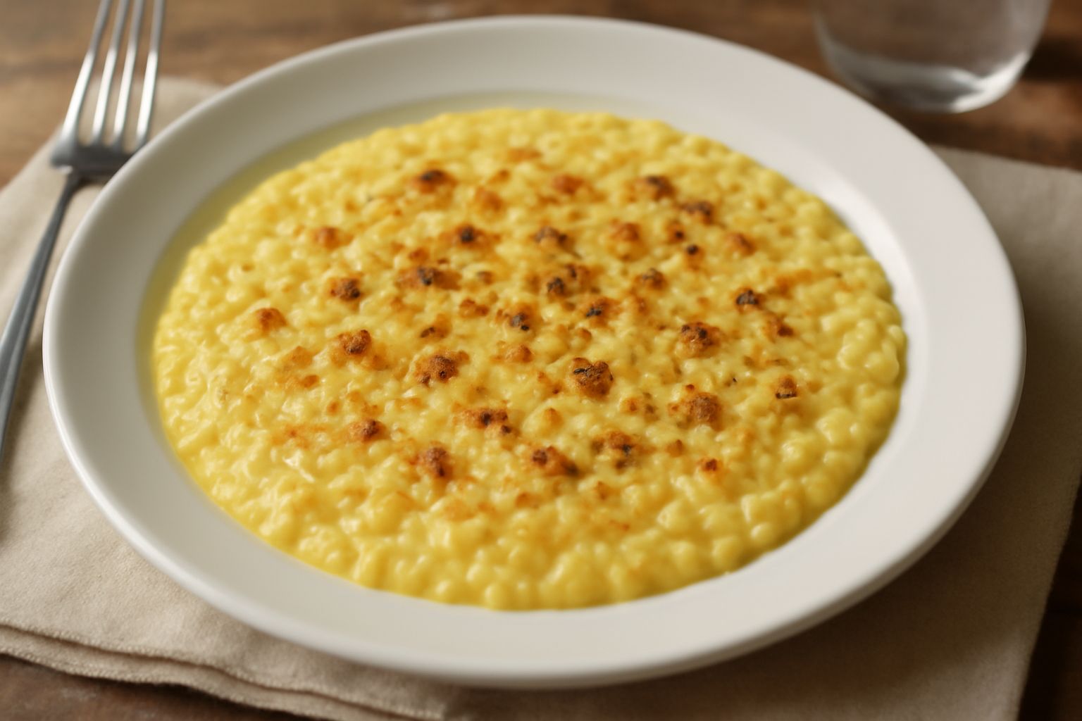 Risotto all'amaretto cremoso di colore giallo dorato con granella di amaretti tostate sparse in superficie, servito in piatto bianco fondo con cucchiaio di legno