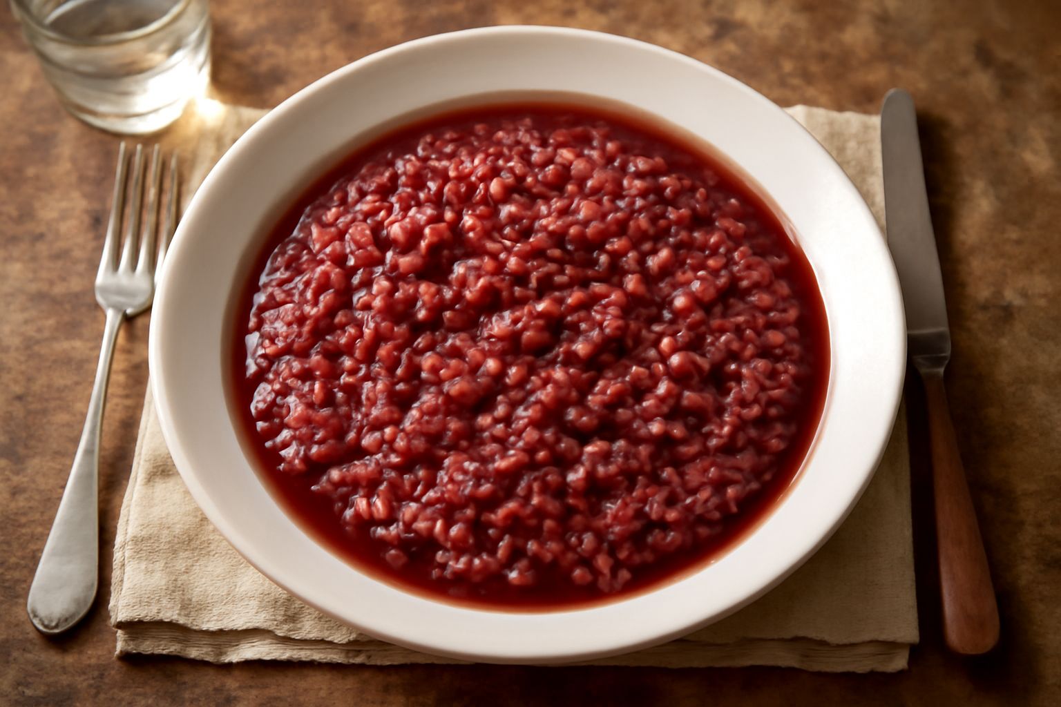 Risotto all'amarone in piatto bianco fondo, cremoso e di colore rosso vinato, con una noce di burro al centro, guarnito con scaglie di parmigiano e prezzemolo fresco, brodo fumante visibile.