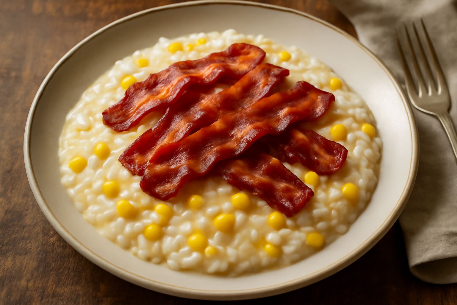 Risotto cremoso bianco e giallo in piatto fondo di ceramica grigia, con chicchi di mais dorato sparsi in superficie, bacon croccante a strisce, prezzemolo verde e un filo di olio in centro