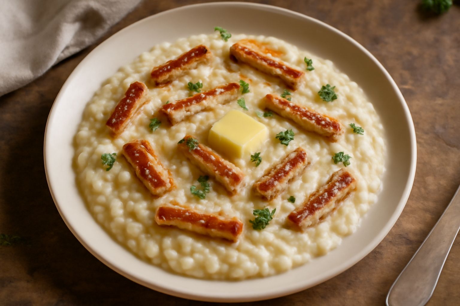 Piatto di risotto all'anguilla color avorio con striscioline di anguilla dorate, formaggio grattugiato, noce di burro al centro, servito in piatto bianco fondo con decorazione di prezzemolo fresco