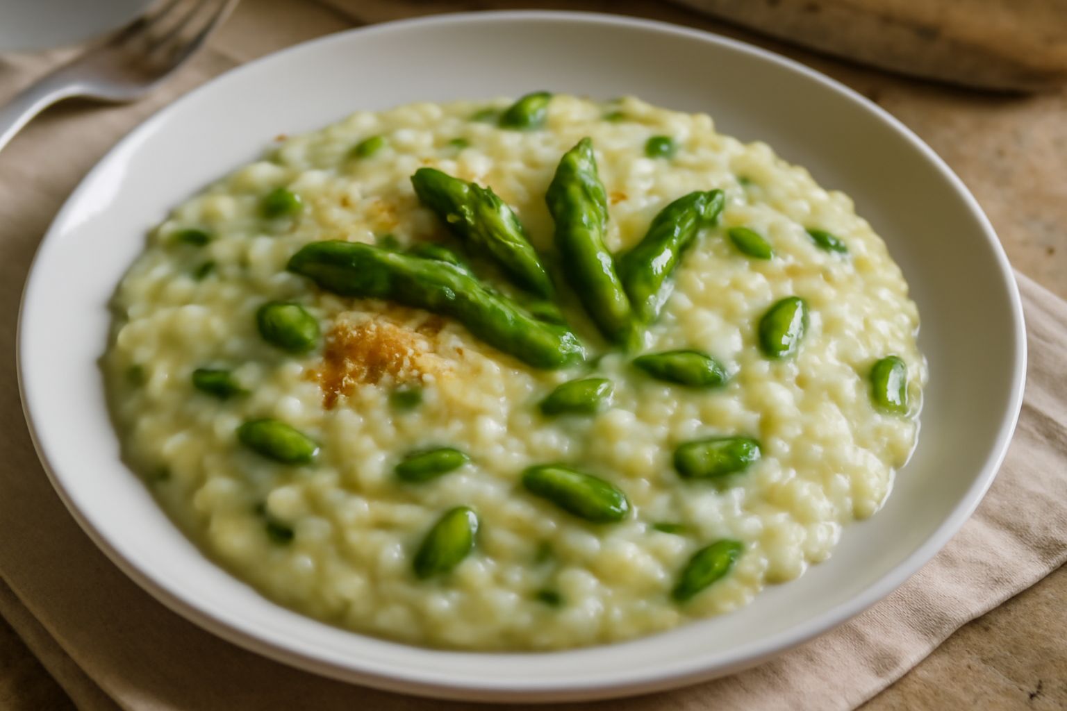 Piatto bianco con risotto all'asparago di colore bianco crema, punte di asparago verde scuro in superficie, grattugia di Parmigiano-Reggiano dorato, cucchiaio di legno a lato