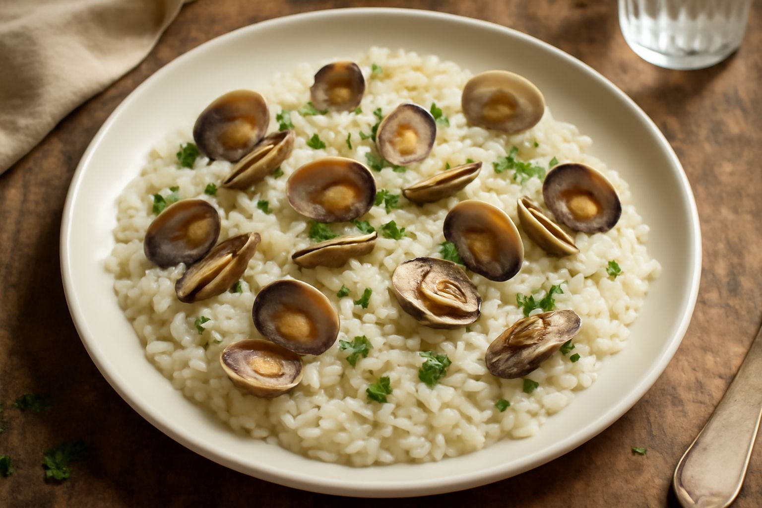 Un piatto di risotto cremoso di colore bianco perlaceo con arselle intere aperte che lasciano intravedere il mollusco, prezzemolo fresco verde in cima, burro che luccica, fondo del piatto pulito e bia