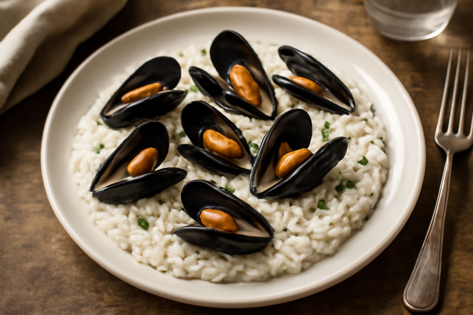 Piatto di risotto alle cozze color crema con cozze aperte sparse in superficie, pepe nero macinato fresco, prezzemolo verde e un filo d'olio d'oliva, servito in piatto fondo bianco