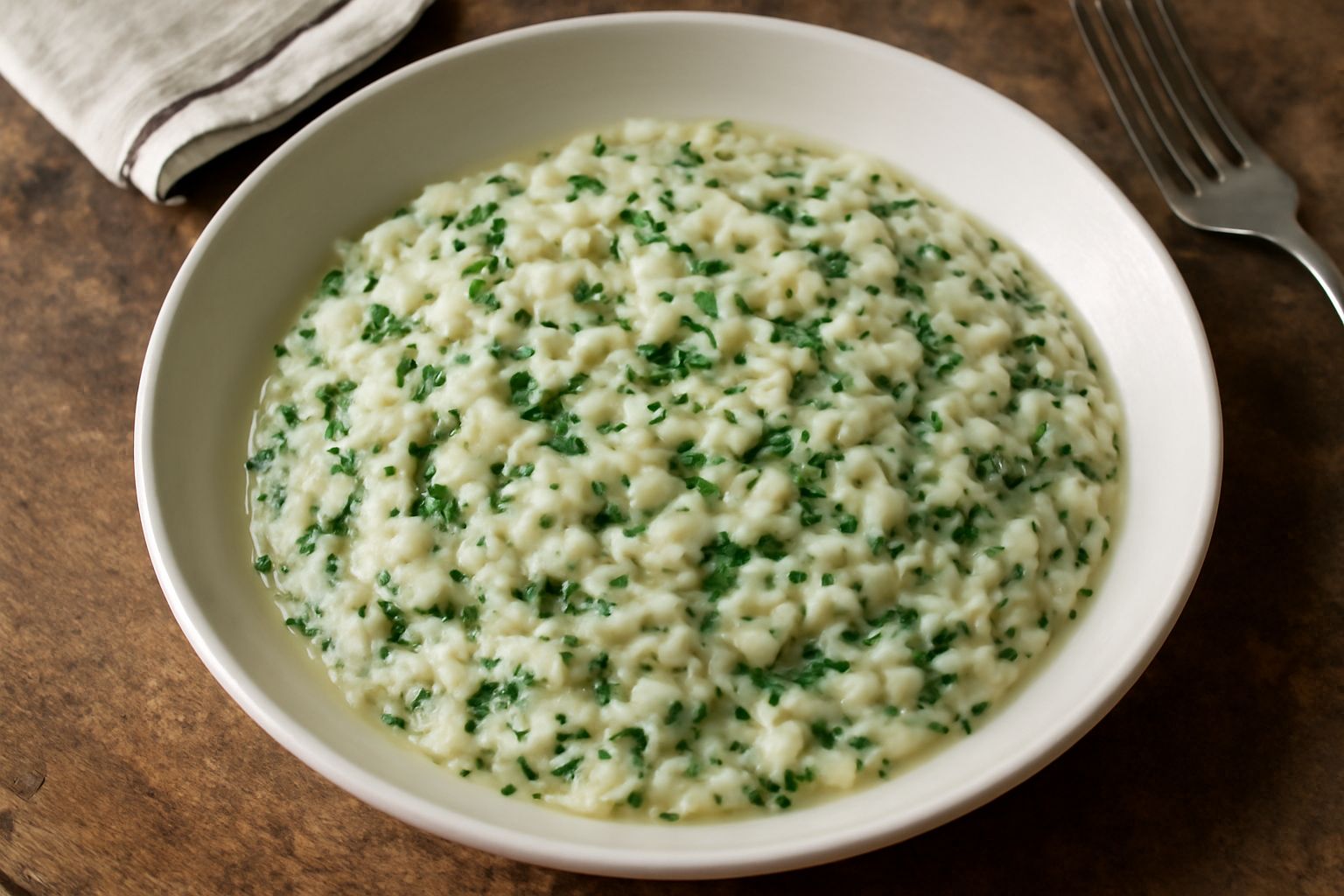 Risotto cremoso color bianco avorio con puntini verdi di erbe tritate, servito in piatto fondo bianco, guarnito con foglioline fresche di prezzemolo e una scaglia sottile di parmigiano
