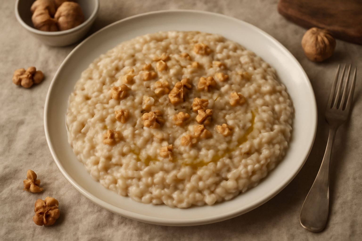 Risotto cremoso di colore beige tendente al dorato, con frammenti visibili di noci tostate sparse in superficie e nel riso, guarnito con filo di olio e noce moscata grattugiata, servito in piatto bian