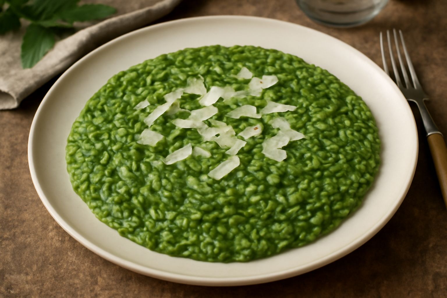 Piatto di risotto verde intenso alle ortiche, cremoso e brillante, guarnito con scaglie di parmigiano e una foglia d'ortica fresca al centro, su fondo bianco