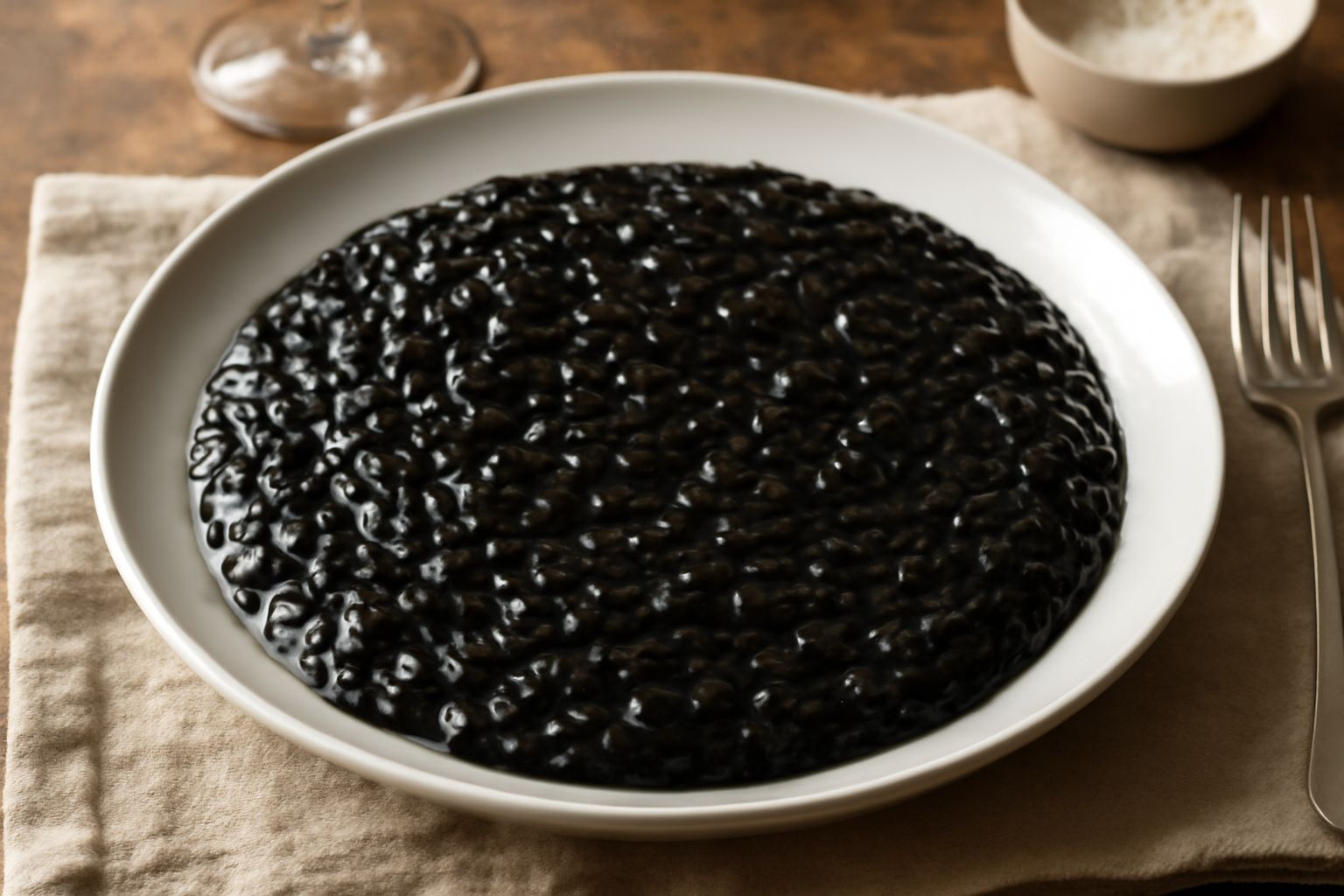 Piatto di risotto cremoso di colore nero intenso, guarnito con un filo di olio verde e una seppia intera posizionata al centro, riso ben sciolto e brillante nel brodo, sfondo bianco.