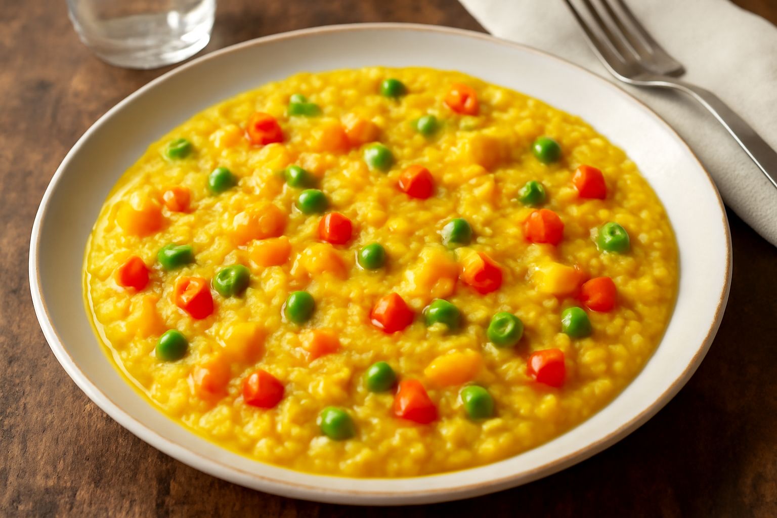Piatto bianco con risotto cremoso di colore giallo dorato, cosparso di piselli verdi brillanti, dadi di zucchine e peperoni rossi, con scaglie di parmigiano su top, vapore tenue, cucchiaio di legno ac