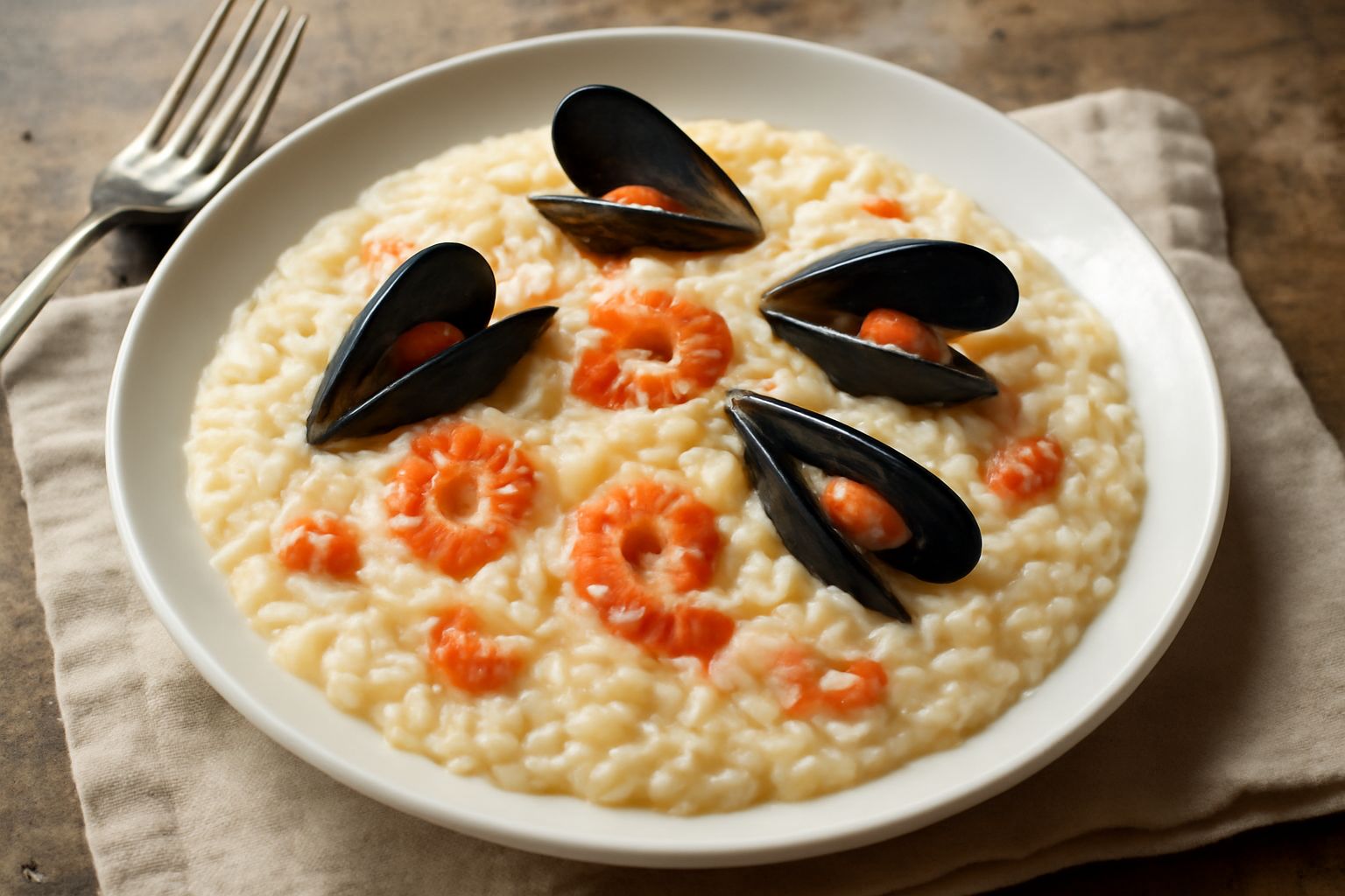Un piatto fondo di risotto all'isolana cremoso bianco con sfumature gialle, guarnito con gamberetti rossi e cozze nere, con una nube di pepe nero macinato fresco e prezzemolo verde picco, servito su u