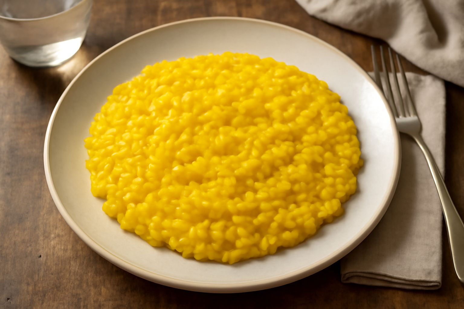 Risotto allo zafferano in un piatto bianco, cremoso e di colore giallo dorato, con un cucchiaio che mostra la consistenza, contornato da filamenti di zafferano