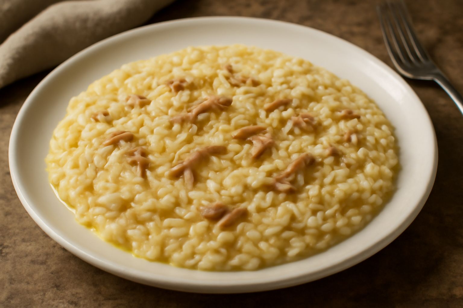 Piatto di risotto all'oca color nocciola, cremoso, con filamenti di carne d'oca visibile in superficie, burro e parmigiano grattugiato, servito in ciotola bianca su tavolo di legno