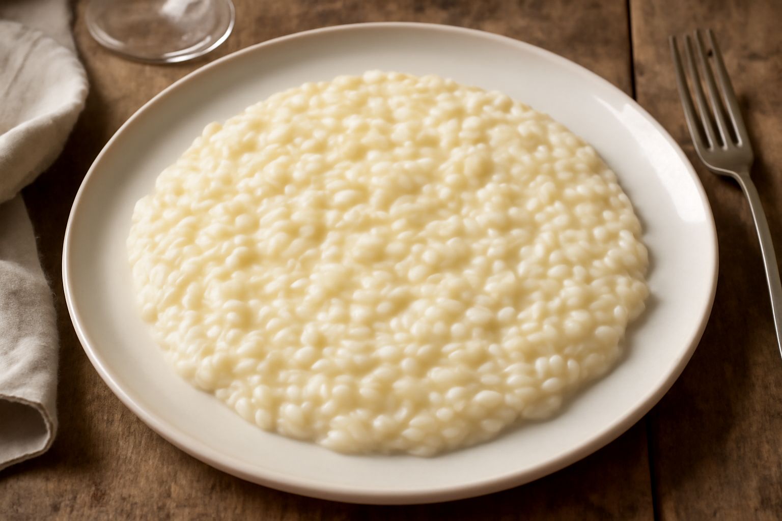 Piatto bianco con risotto cremoso di colore bianco avorio, leggermente lucido, che scorre dolcemente verso i bordi. Grano di riso visibile, superficie liscia e fluida. Una cucchiaiata sollevata mostra