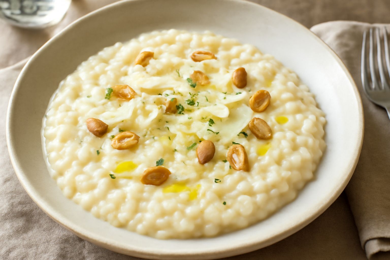 Risotto bianco cremoso all'orzata in ciotola bianca, condito con mandorle flaccide, un filo di olio extravergine, fiocchi di parmigiano grattugiato, erba cipollina fresca e tre mandorle intere poste a