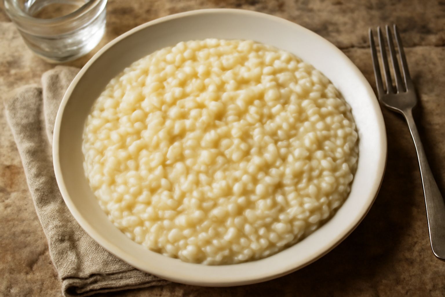 Risotto all'orzetto cremoso servito in un piatto bianco fondo, orzo perlato ben distinguibile nel colore avorio con riflessi dorati, decorato con erbetta fresca e una scaglia di formaggio, cucchiaio d