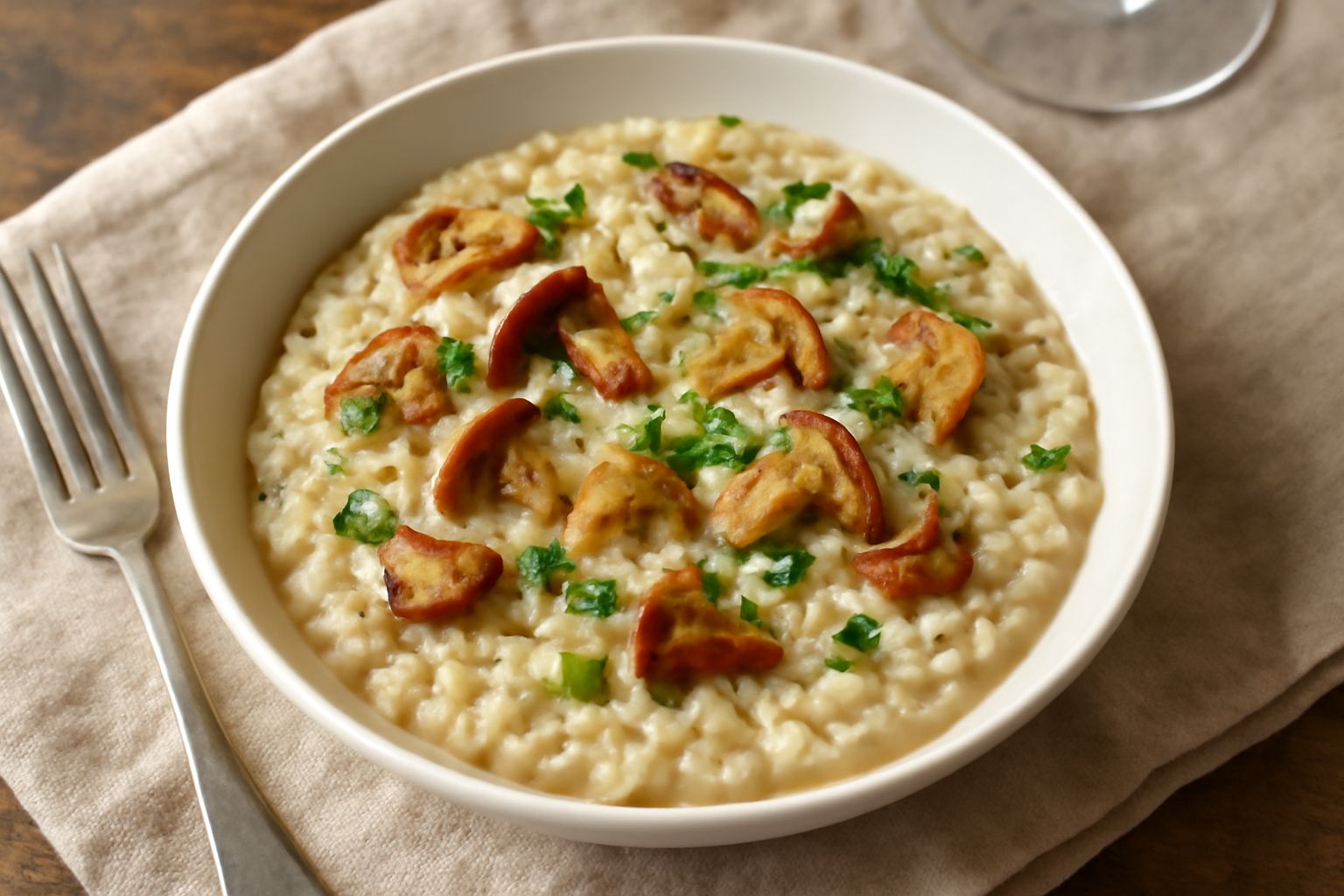 Orzotto cremoso color avorio in ciotola bianca, con gocce di burro in superficie, contorno di funghi porcini dorati e prezzemolo fresco tritato, tavolo in legno chiaro