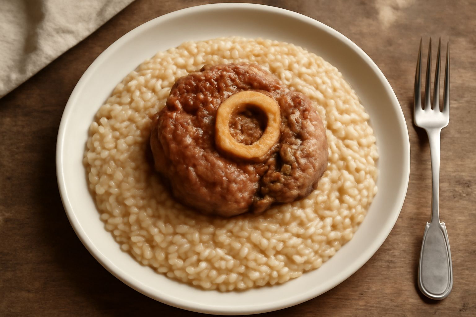 Un piatto fondo di risotto all'ossobuco beige-avorio con visibili pezzetti di carne tenera, il midollo bianco dell'osso, grana di riso ben definita, una lastra di osso buco al centro, pepe nero macina