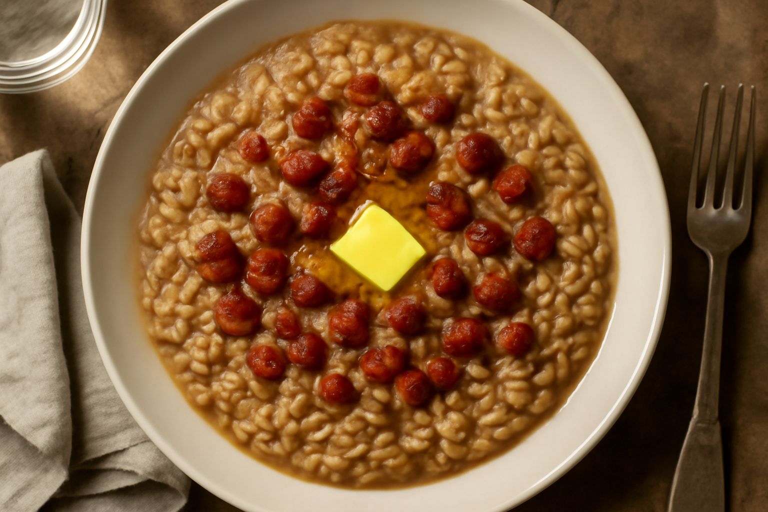 Un piatto di risotto all'udinese cremoso color beige scuro, con pezzetti di pancetta croccante sparsi in superficie, un pezzetto di burro giallo nel centro, contorno di parmigiano grattugiato leggerme