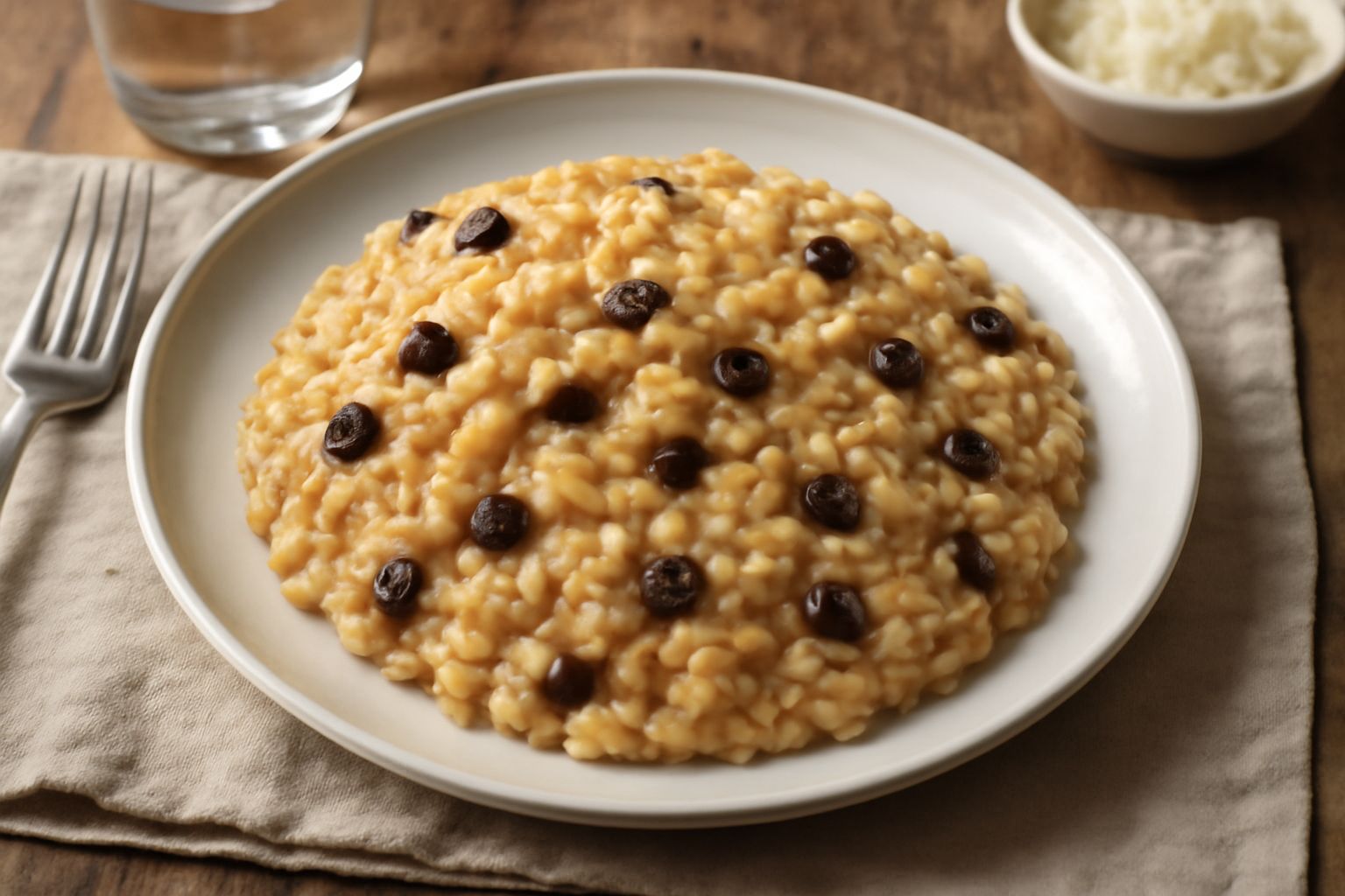 Piatto bianco con risotto cremoso di colore beige-oro, granelli di uvetta scura distribuiti uniformemente nel riso, guarnizione di mandorle affettate tostate sulla superficie e un filo di burro che br