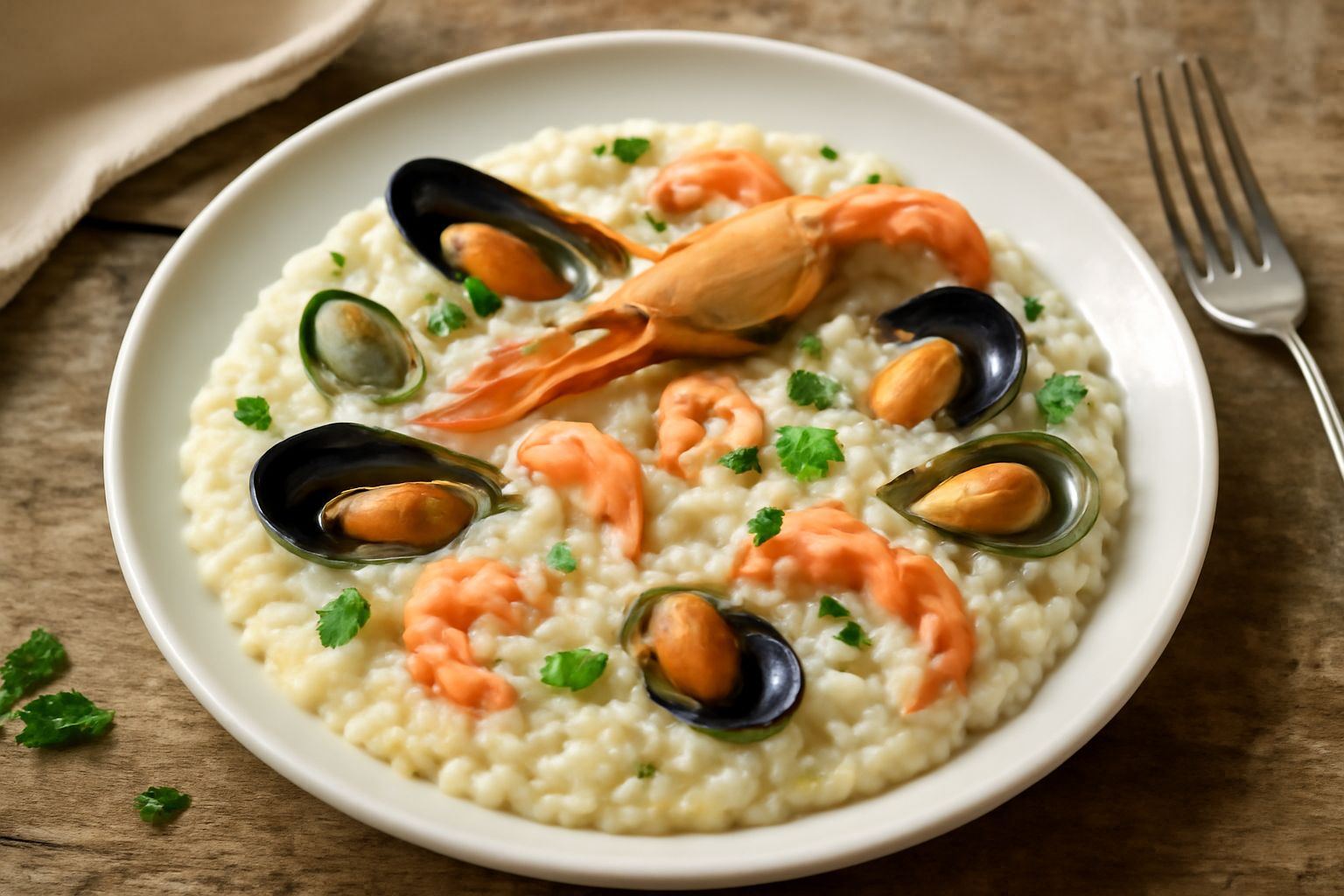 Risotto cremoso di colore bianco avorio con cozze nere, vongole verdi, gamberetti rosa e scampi, guarnito con prezzemolo verde fresco, servito in piatto bianco fondo con un cucchiaio di legno
