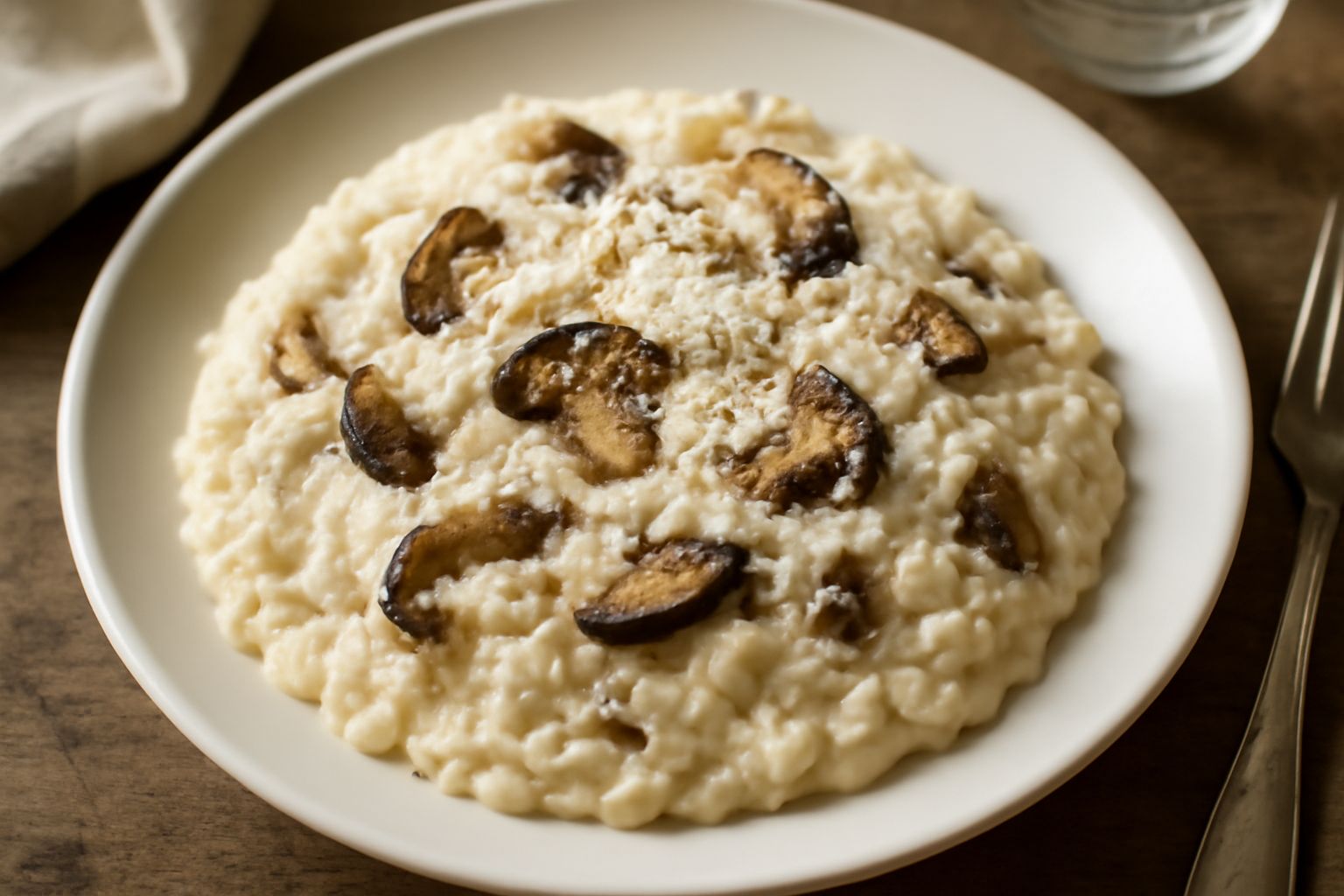 Piatto di risotto cremoso bianco e beige con funghi porcini scuri sparsi in superficie, grattugia di parmigiano, cucchiaio di legno sul bordo, vapore visibile