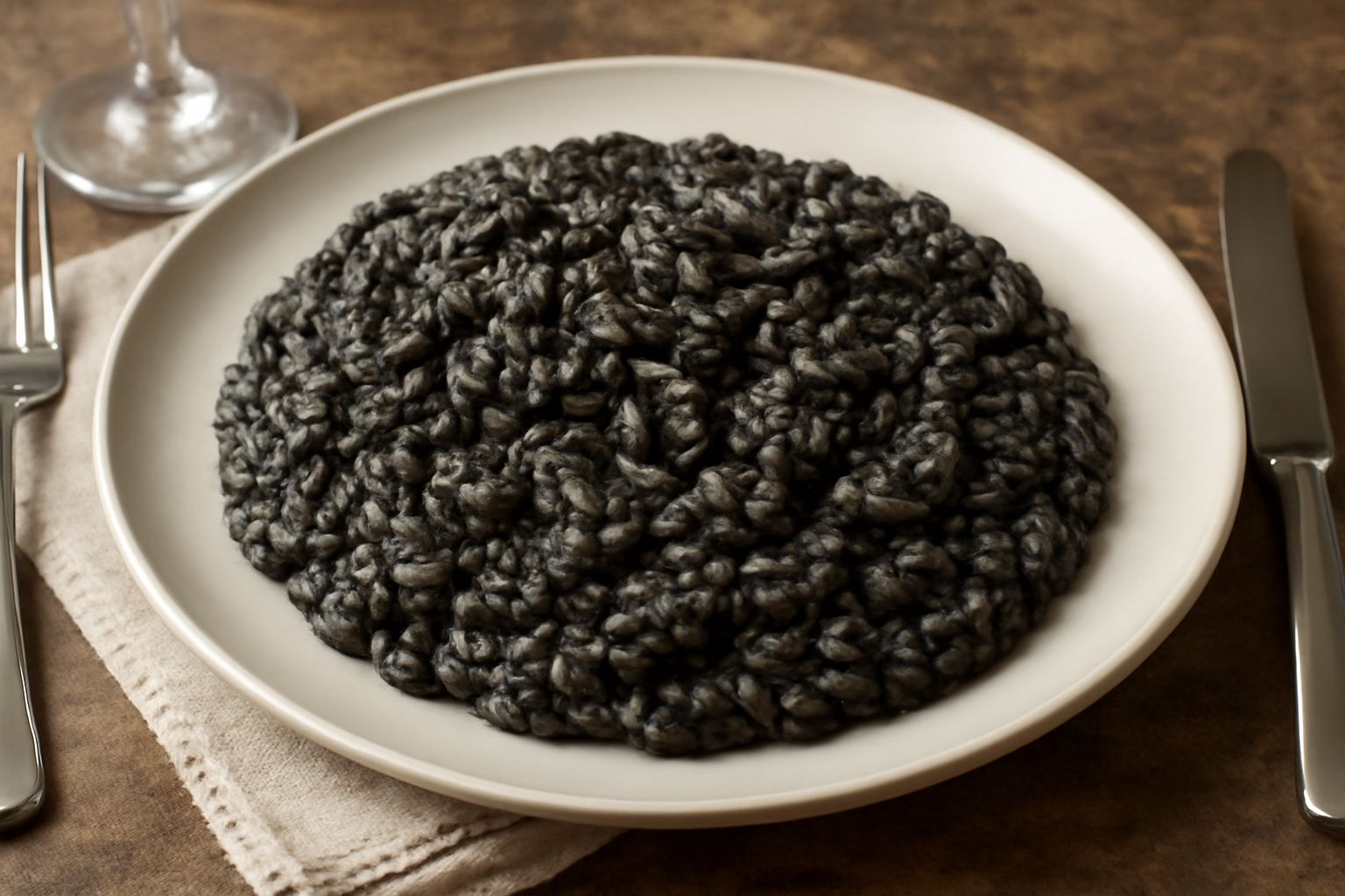 Risotto ca' seppie cremoso servito in piatto bianco con inchiostro nero naturale della seppia, decorato con prezzemolo fresco e gocce di olio, su fondo neutro