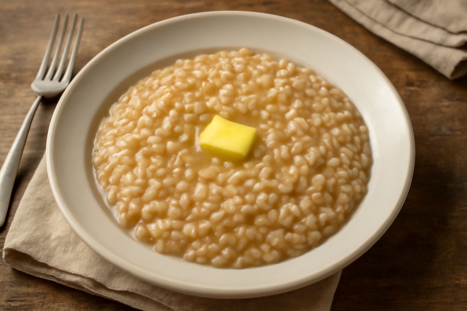 Piatto di risotto cremoso di colore beige dorato con brodo di carne, guarnito con parmigiano grattugiato bianco, burro lucido in superficie, cucchiaio d'argento, piatto di porcellana bianca