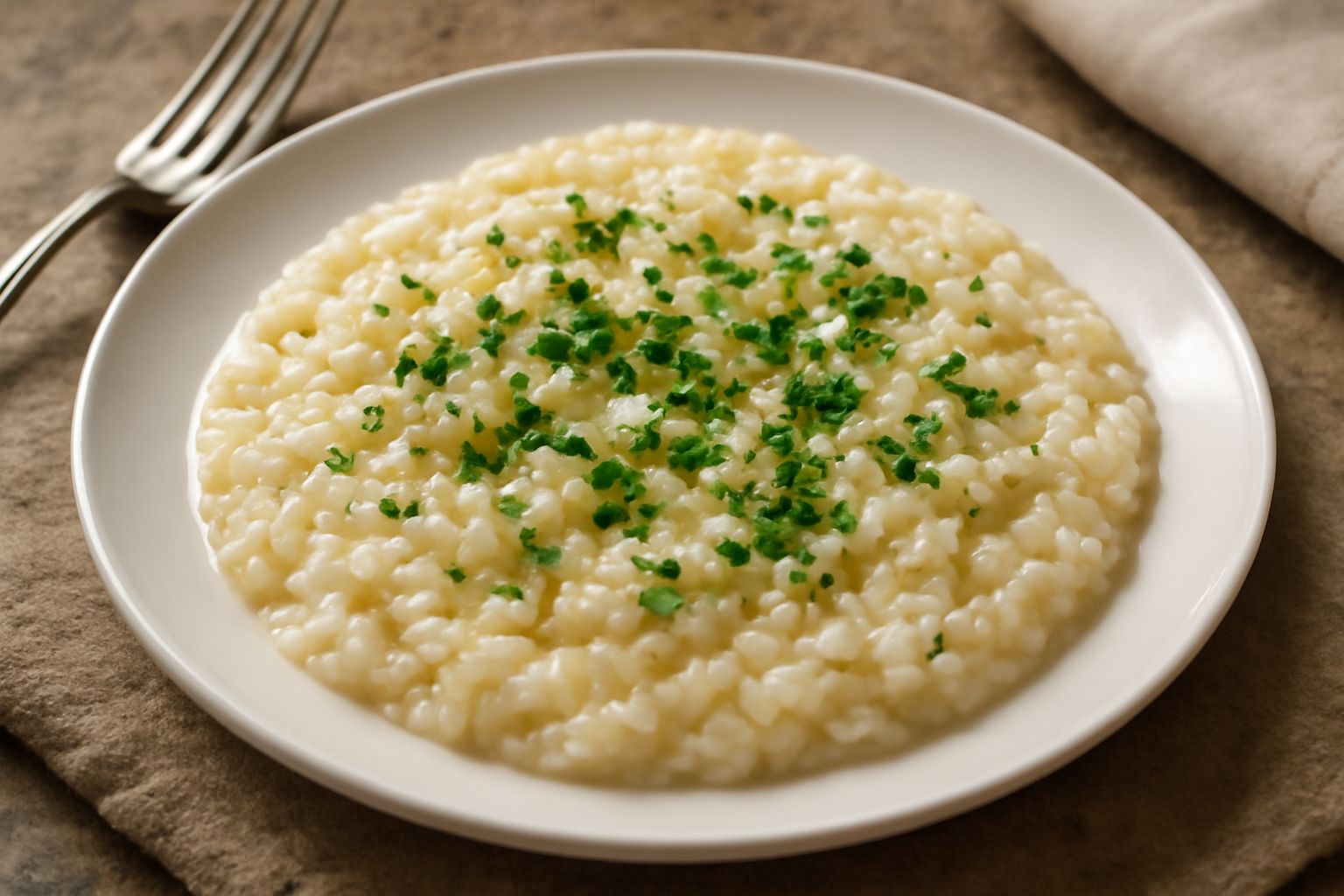 Piatto fondo bianco con risotto cremoso di colore beige uniforme, guarnito con un filo di olio extravergine, una foglia di prezzemolo fresco e scaglie sottili di parmigiano reggiano grattugiato al mom