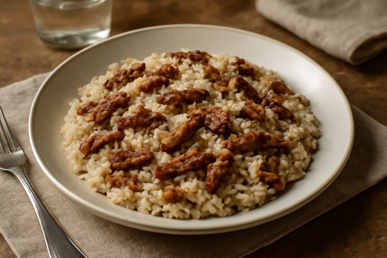 Piatto bianco con risotto cremoso di colore bianco avorio, con strisce di carne cotta di colore marrone rossiccio sparse in superficie, decorato con una fogliolina di prezzemolo fresco verde, il piatt