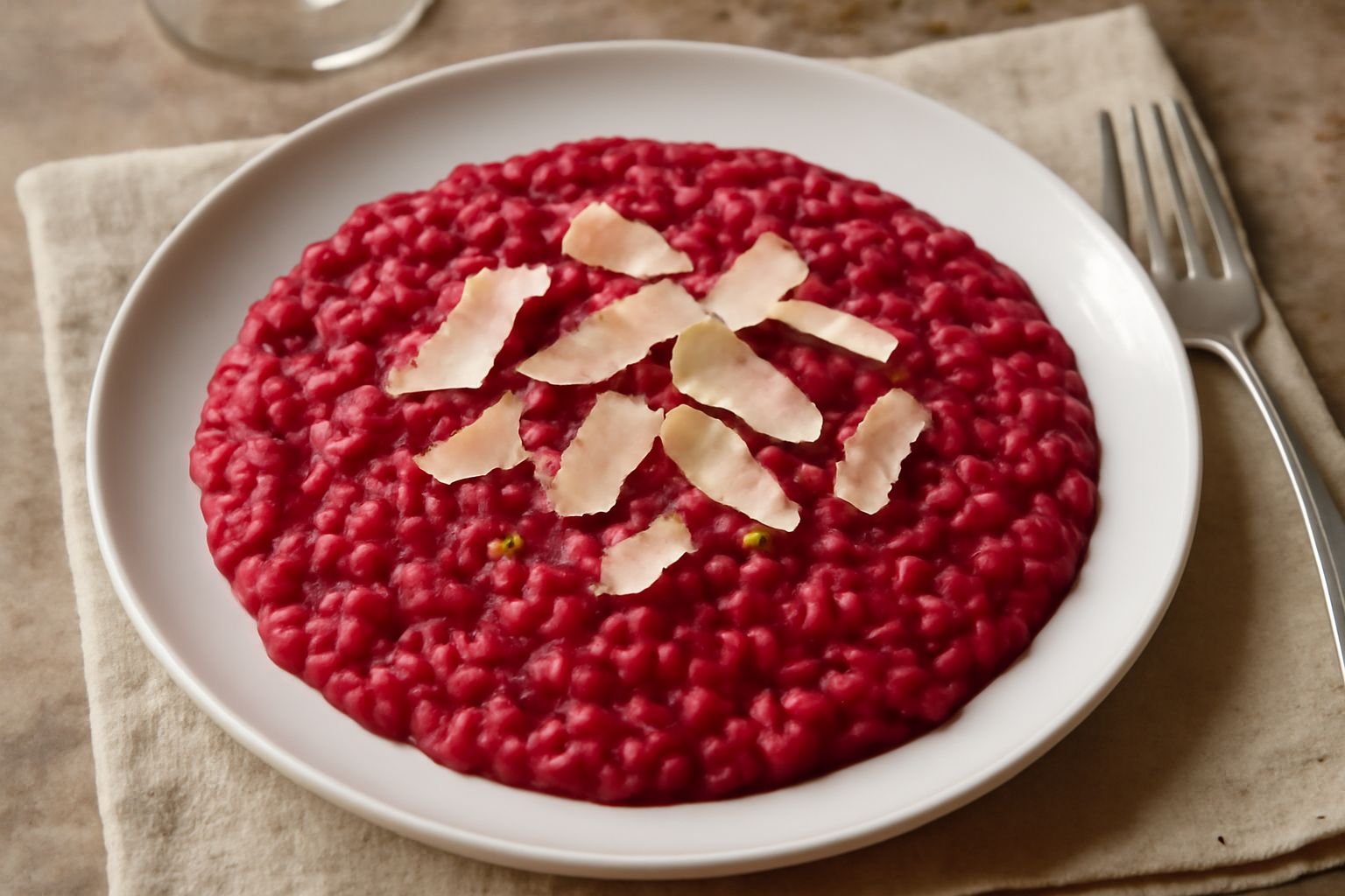 Piatto di risotto cremoso con colorazione rosso-viola acceso, finito con scaglie di Parmigiano Reggiano bianco e una piccola foglia di prezzemolo fresco al centro, servito in piatto fondo bianco