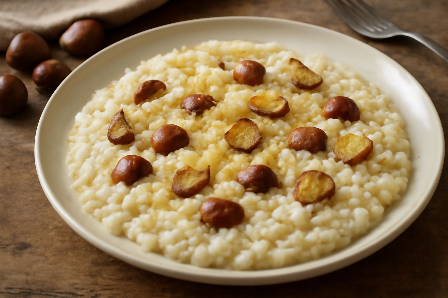 Risotto cremoso di colore bianco avorio con castagne intere marroni distribuite in superficie, spruzzato di parmigiano grattugiato bianco, servito in piatto fondo di ceramica bianca con due cucchiai d