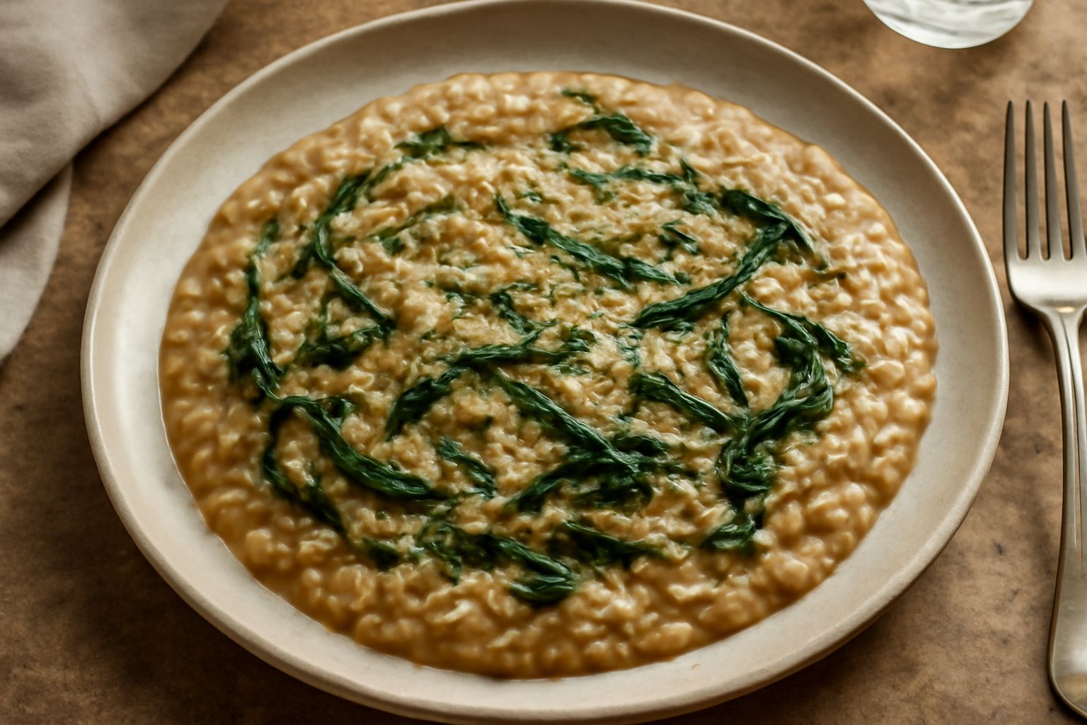 Un piatto di risotto con cicoria di colore nocciola con fili di cicoria verde scuro sparsi sulla superficie, mantecato con burro, parmigiano e brodo caldo, servito in un piatto bianco fondo.