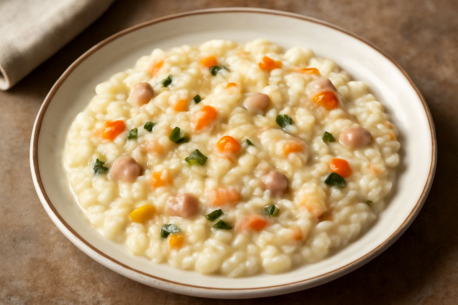 Risotto cremoso di colore bianco avorio con piccoli pezzi di verdure colorate, carne o pesce sparsi nella superficie, impiattato in un piatto bianco con una noce di burro al centro e una leggera gratt