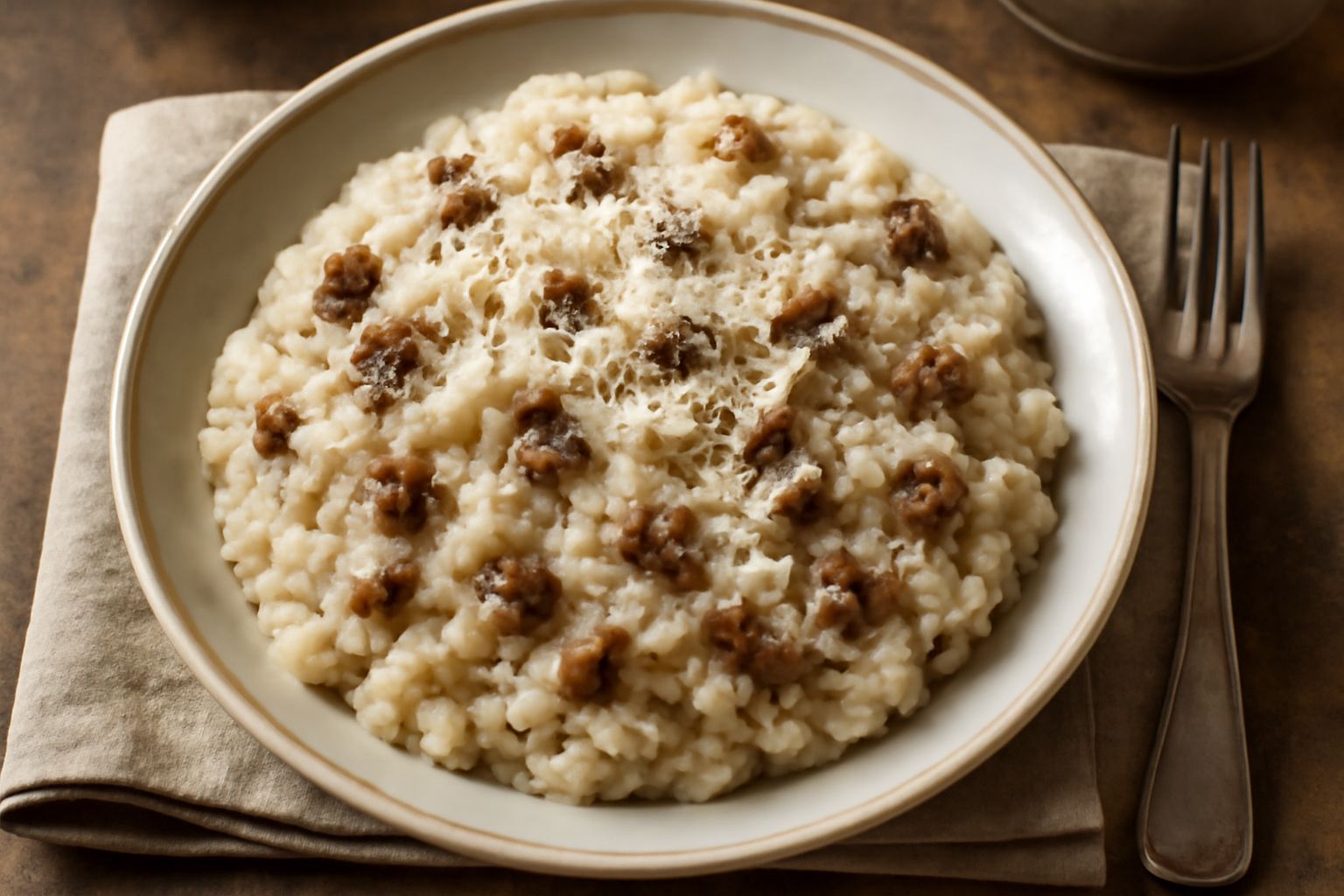 Risotto cremoso di colore bianco-panna con pezzi di carne marrone scuro distribuiti uniformemente, grattugia di parmigiano giallo sulla superficie, impiattato in un piatto fondo bianco, fumante appena