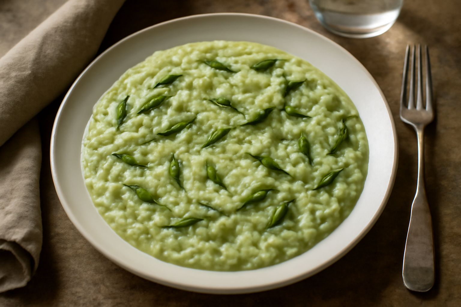 Risotto cremoso di colore verde pallido con germogli teneri di bruscandoli sparsi in superficie, grattugia di parmigiano dorato, servito in piatto bianco fondo con cucchiaio di legno