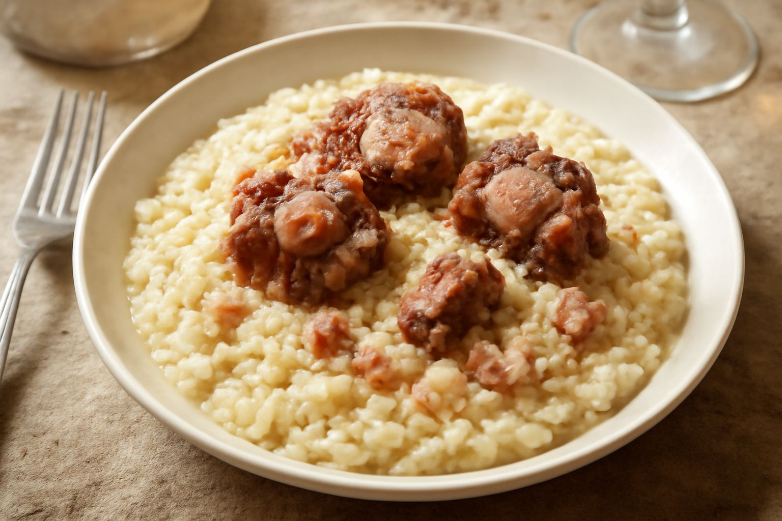Piatto bianco con risotto cremoso color panna, pezzi di coda di manzo teneri in primo piano, grattugia di Parmigiano-Reggiano sopra e prezzemolo fresco verde ai bordi