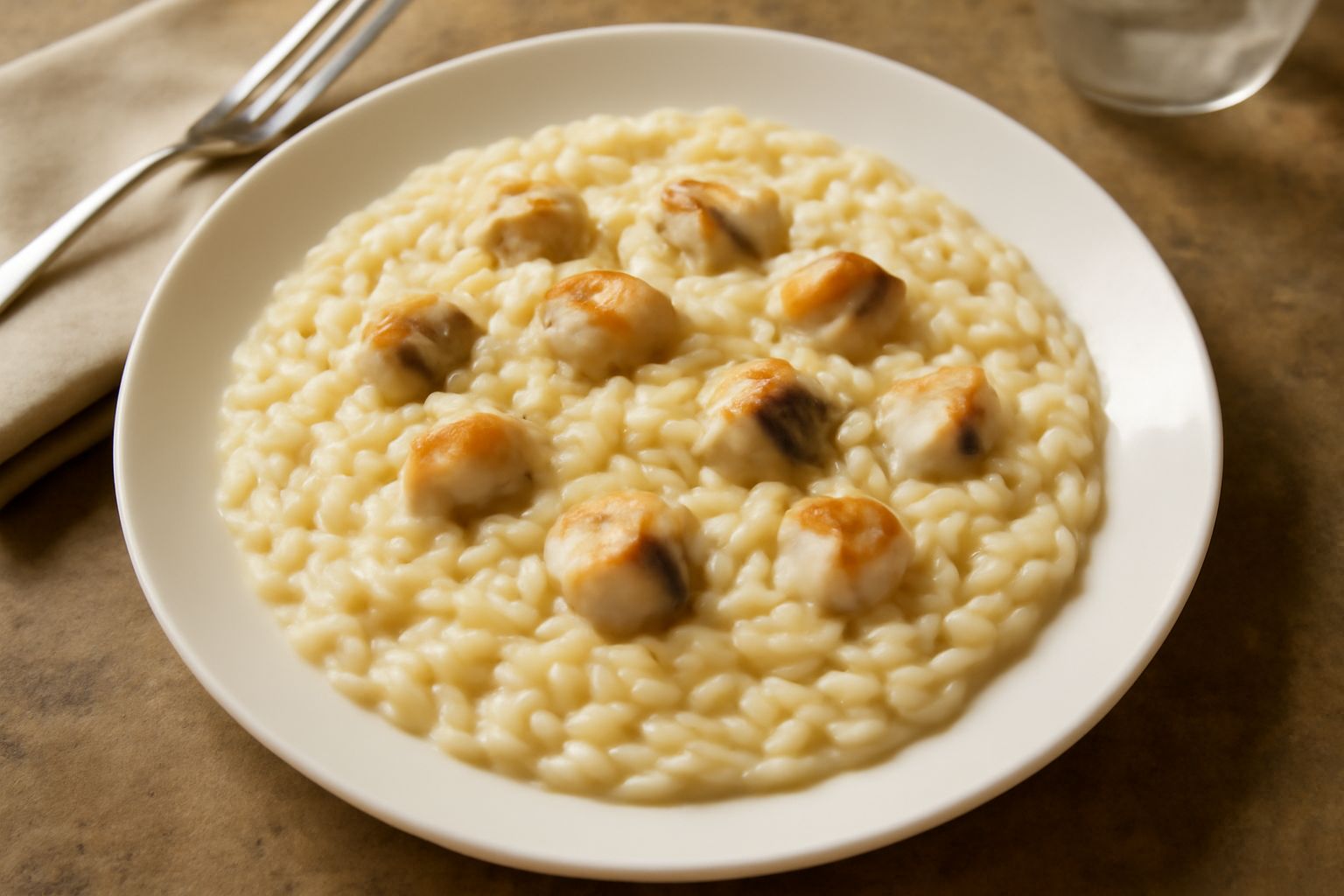 Risotto cremoso bianco con pezzi di anguilla dorata, decorato con prezzemolo fresco, servito in piatto fondo bianco, riso brillante di burro e brodo