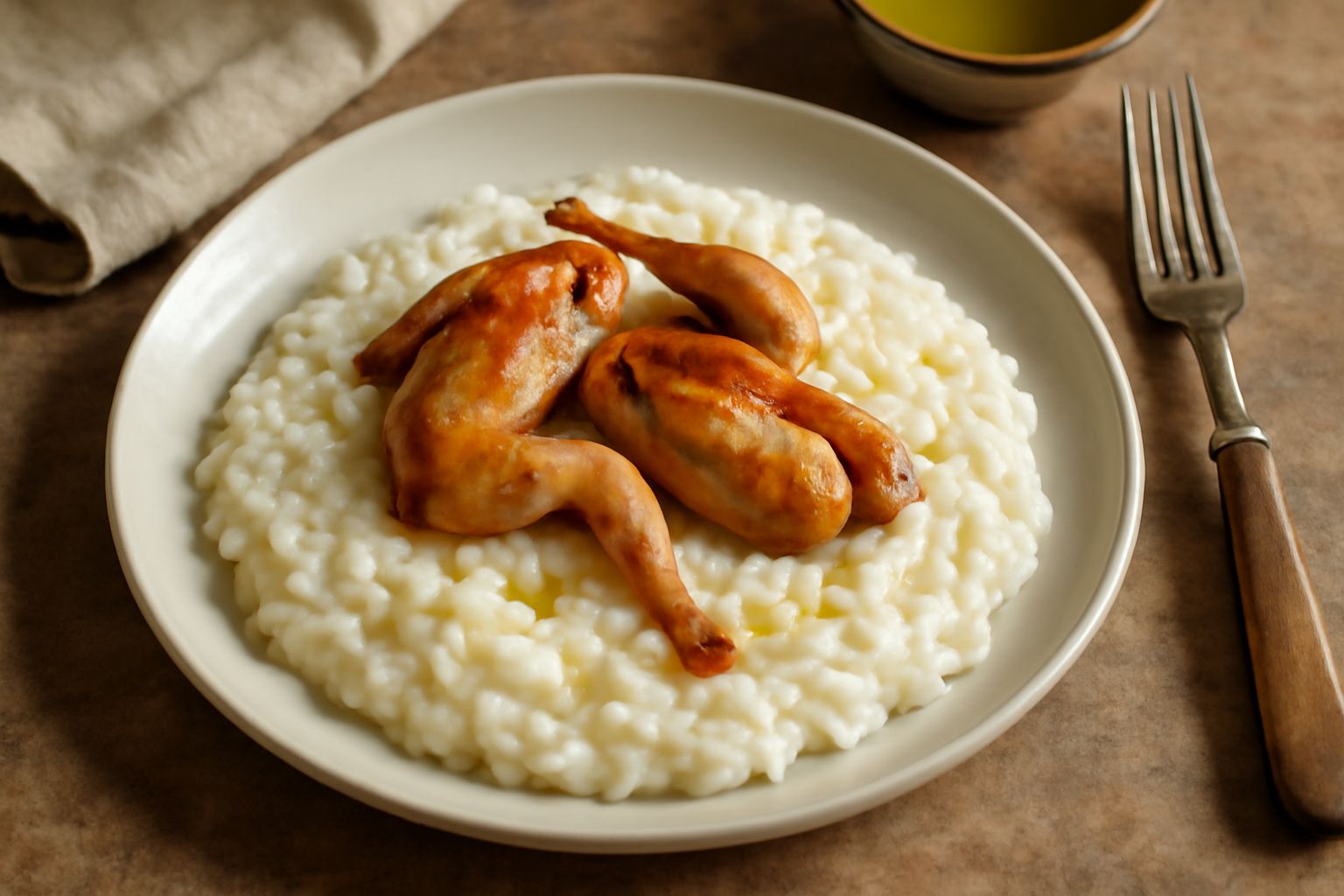 Risotto bianco cremoso in piatto fondo bianco, con mezze quaglie intere poggiate sopra la superficie, riso brillante, contorno di prezzemolo fresco verde, vapore leggerissimo visibile dal piatto appen