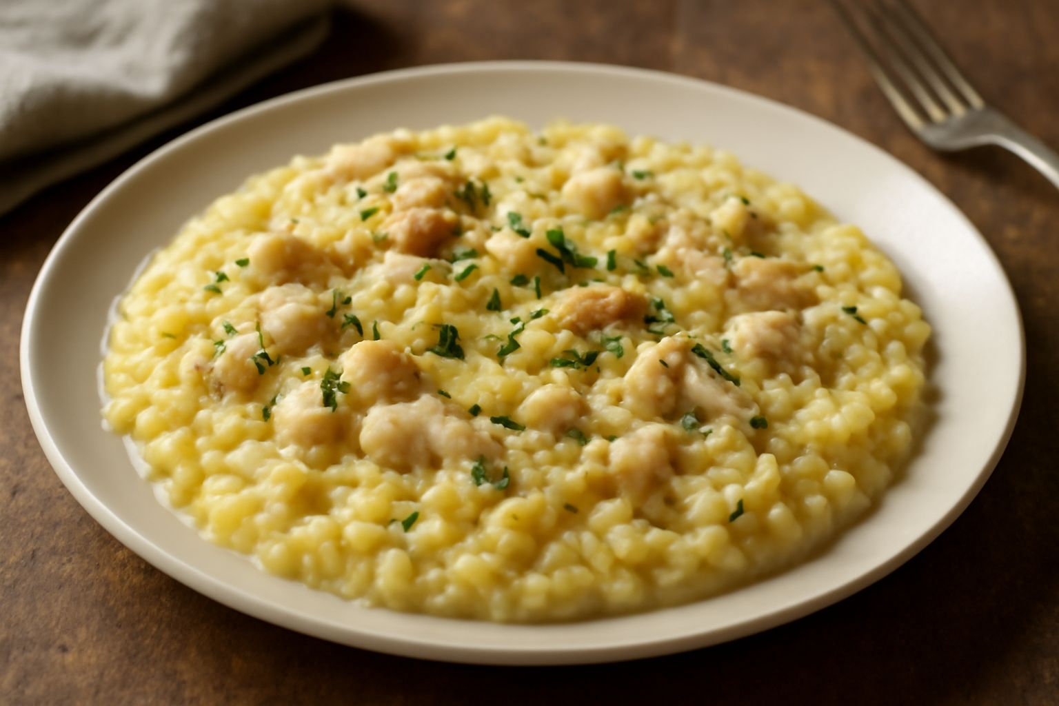 Risotto cremoso di colore giallo pallido con pezzetti bianchi di carne di rana, prezzemolo verde fresco spruzzato sopra, servito in piatto fondo bianco