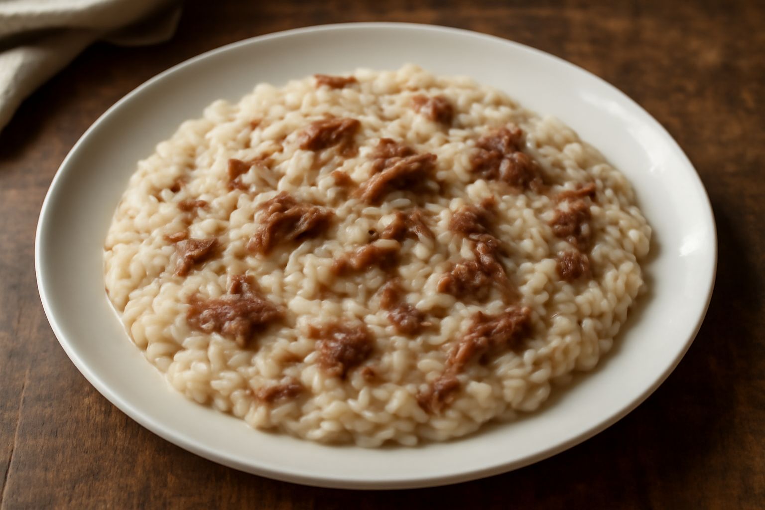 Un piatto di risotto cremoso bianco e marrone con piccoli frammenti di carne, guarnito con formaggio grattugiato e prezzemolo fresco, servito in un piatto fondo bianco
