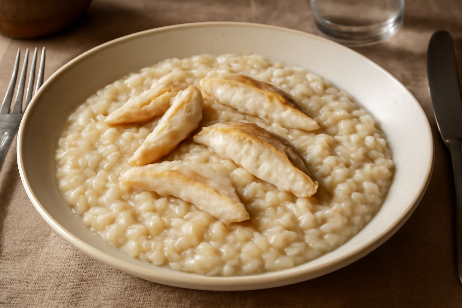 Piatto di risotto cremoso color avorio con filetti di tinea bianchi in superficie, pezzetti di pesce distribuiti nel riso, guarnito con prezzemolo fresco verde e una piccola noce di burro dorato al ce